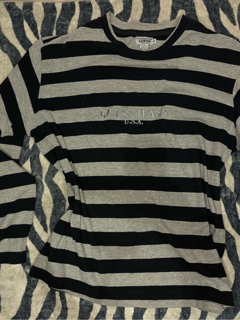 Vintage 90s Guess Jeans USA Striped Long Sleeve Shirt Gray Black M